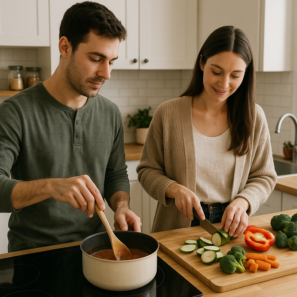 你能帮忙搅拌酱汁吗？我来准备蔬菜。