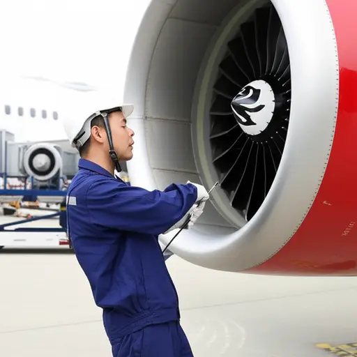 飞机工程师正在检查发动机以确保飞行安全。