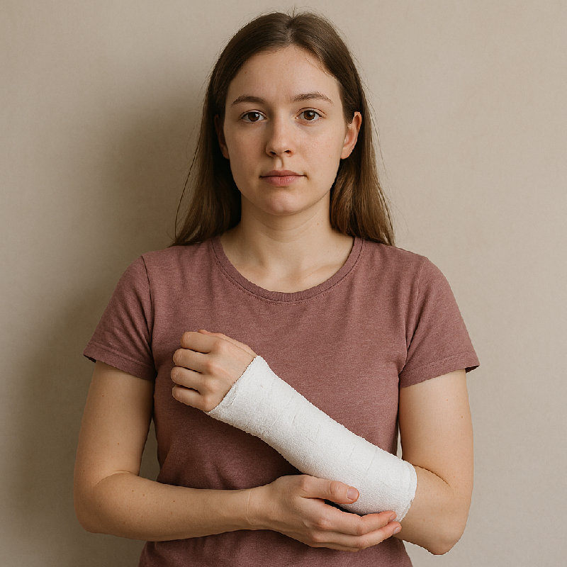 她在事故后手臂前部打了石膏。