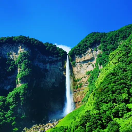 从远处看，瀑布就像一条白色的丝带。