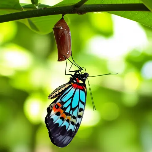 一只美丽的蝴蝶从它的茧中钻出来。