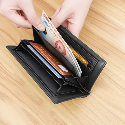 她把信用卡和现金都放在钱包里。