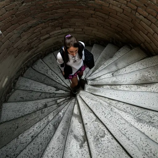 她小心翼翼地走下那座古老蜿蜒的楼梯。