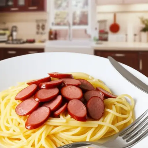 我妈妈做的香肠意大利面很好吃。