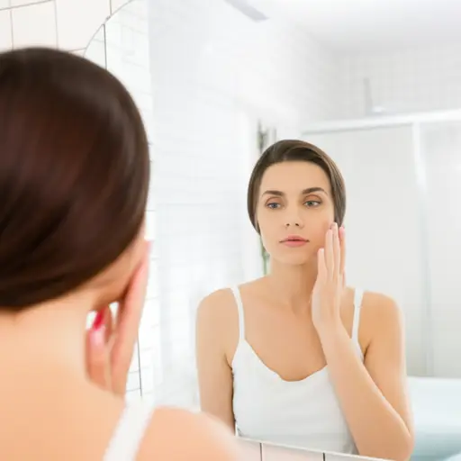 她对着镜子仔细检查自己的脸。