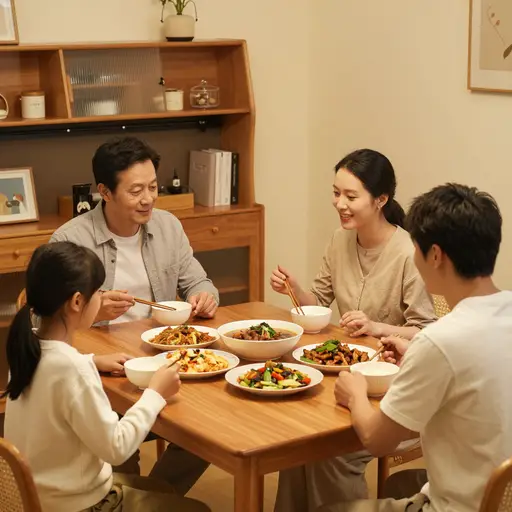 我们在家里的餐厅吃晚饭。