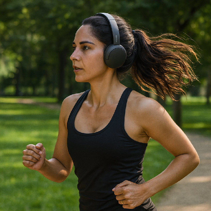 她总是带着无线耳机边跑步边听播客。