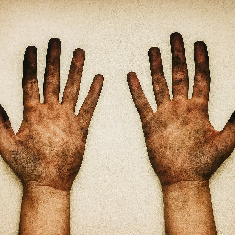 在花园里干完活之后，他的手就脏了。