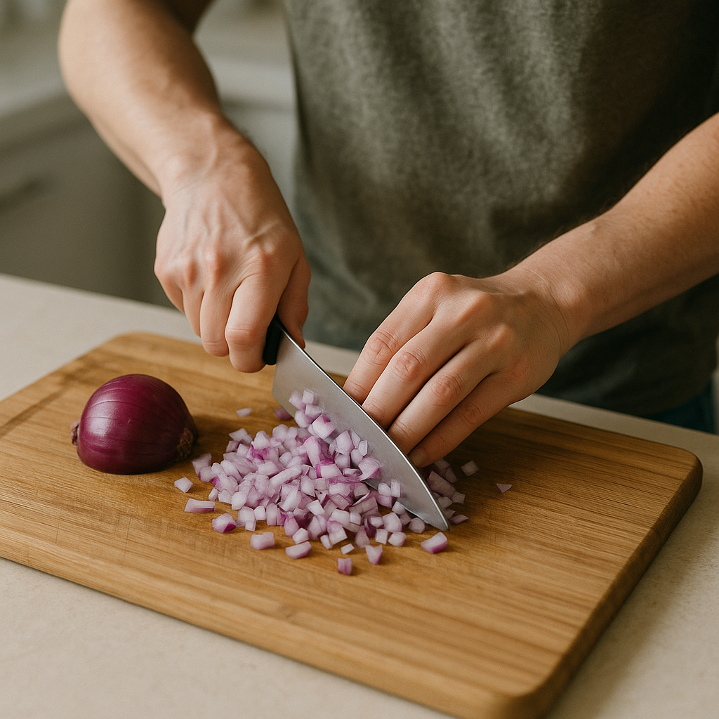 请小心地把洋葱切碎。