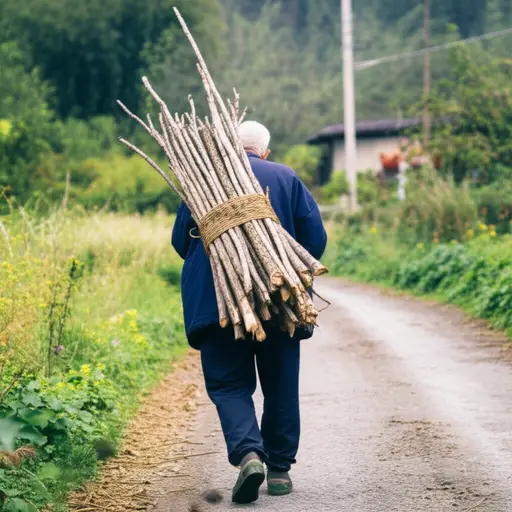 那位老人背着一捆木棍。