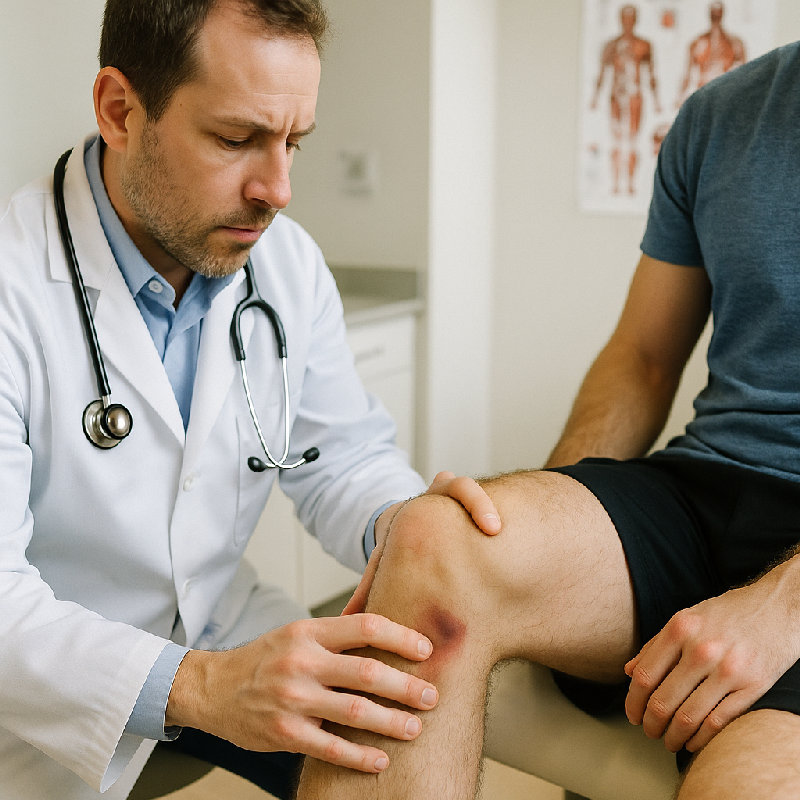 医生检查了他膝盖韧带的损伤。