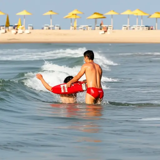 救生员救起了溺水的游泳者。