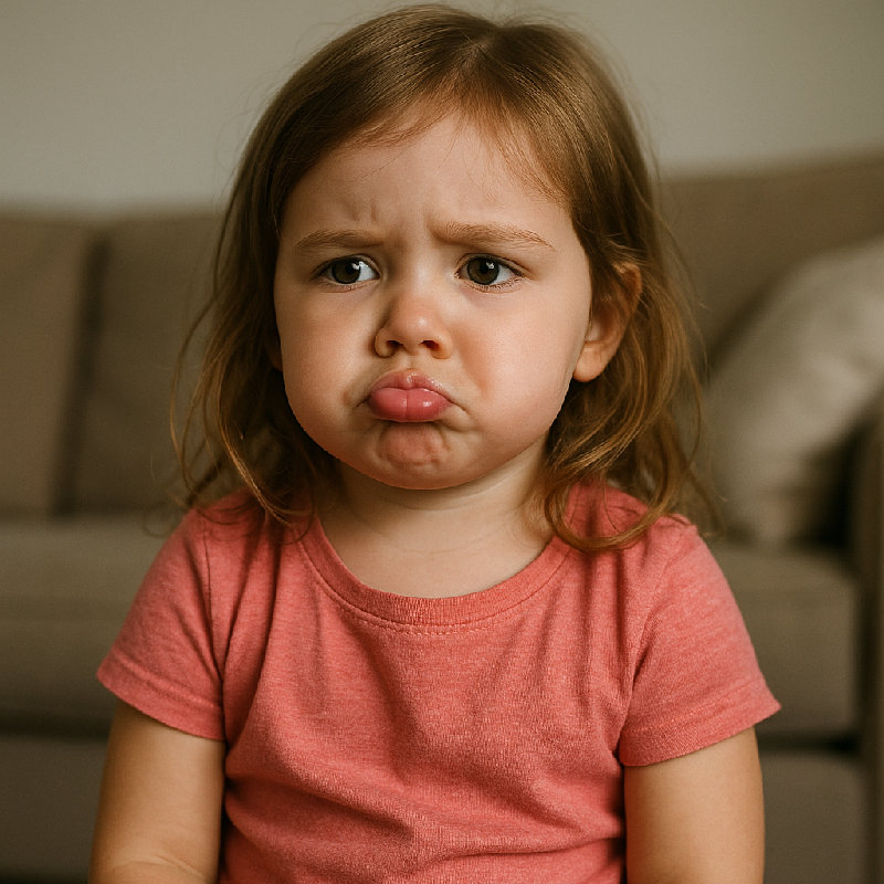 她没得到想要的礼物，撅着嘴生气。