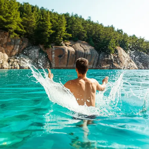 在热天里，他喜欢跳进凉爽的水中。