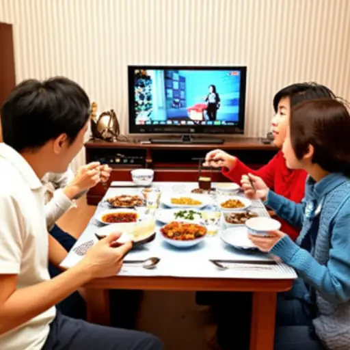 我们在电视前吃饭。