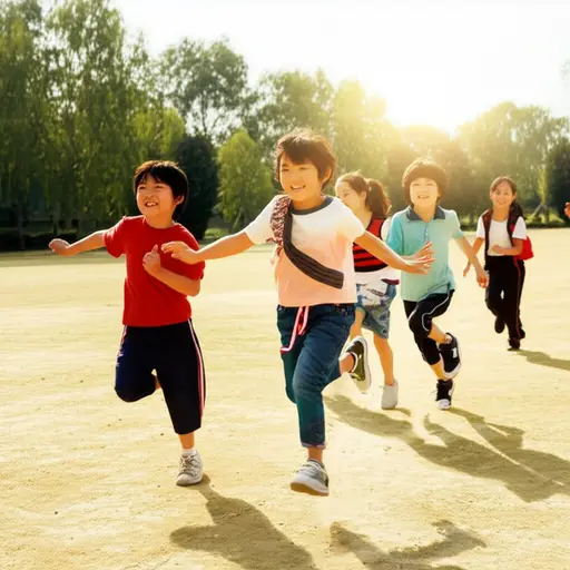 孩子们在阳光明媚的操场上互相追逐着对方的影子，发出阵阵笑声。