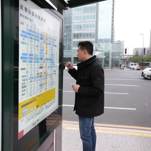 他查看了公交时刻表，想知道下一班车什么时候到。