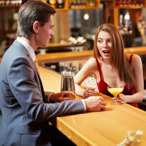 在酒吧里，他试图搭讪一位他觉得有吸引力的女士。