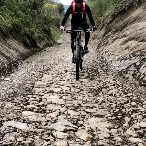 在崎岖地形上骑自行车需要平衡和技巧。