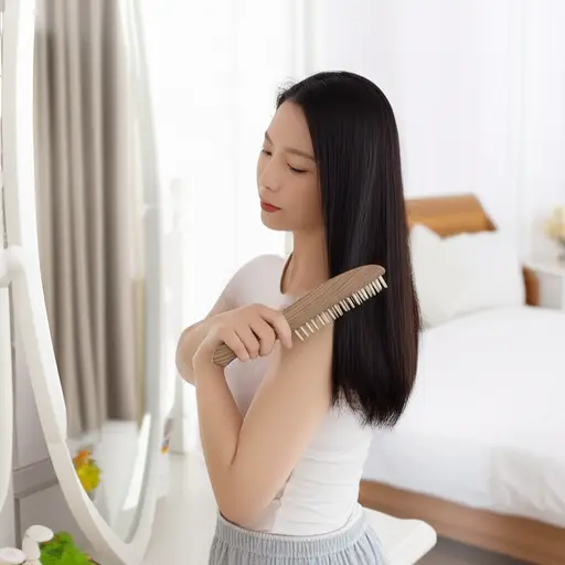 她出门前梳理了头发。