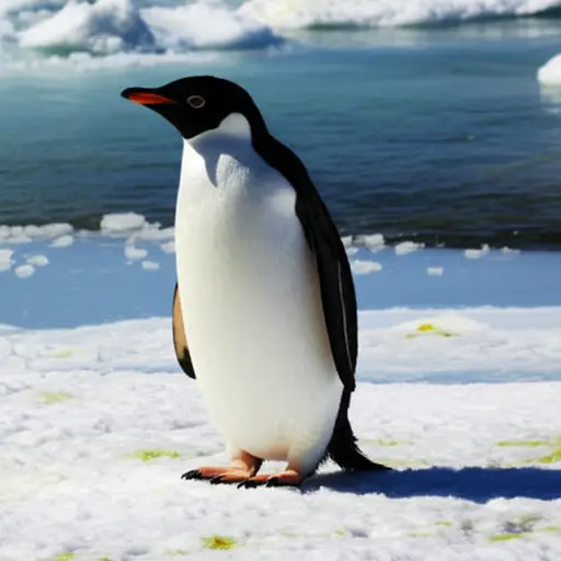 一只企鹅站在水边。