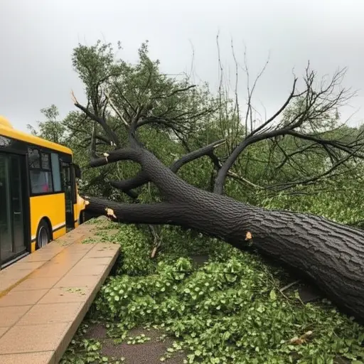 更糟糕的是，那棵站在公交车站附近的树突然被风吹倒了。