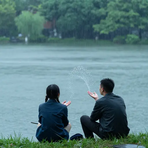 他们坐着聆听雨滴落在湖面上的溅水声。