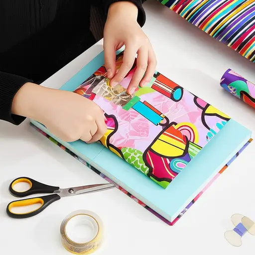 她用彩纸把书包了起来。