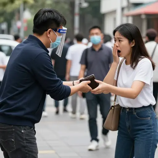 小偷从她手中抢走了钱包。