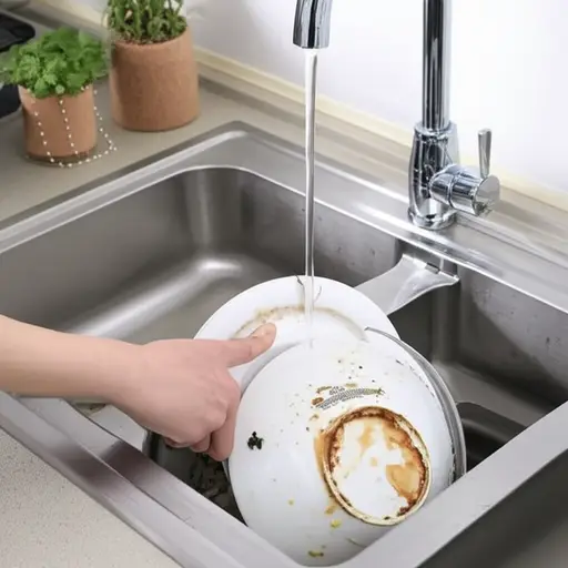 我把脏盘子放进水槽里。