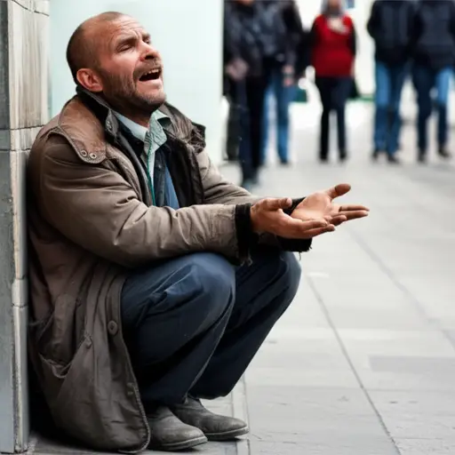 他穿着一件破旧的外套，旧鞋子，正在乞讨钱。