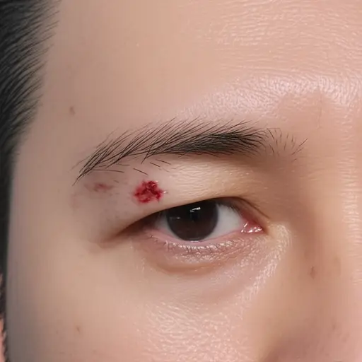 他左眼上方有一道一英寸长的伤口。