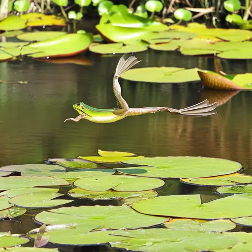 青蛙用它的长腿在睡莲叶间跳跃。