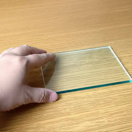 他把一块玻璃放在桌子上。