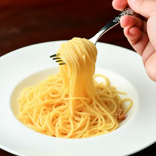 我用叉子吃意大利面。