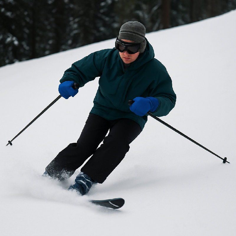 他在雪地上展示了一个完美的冰球式急停。