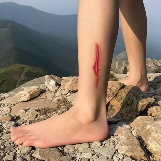 我的脚在爬山时被石头划伤了。