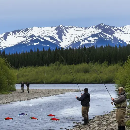 在阿拉斯加旅行期间，我们去钓了三文鱼。