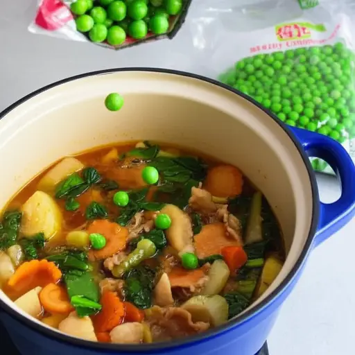 我在炖菜里加了一些冷冻豌豆。