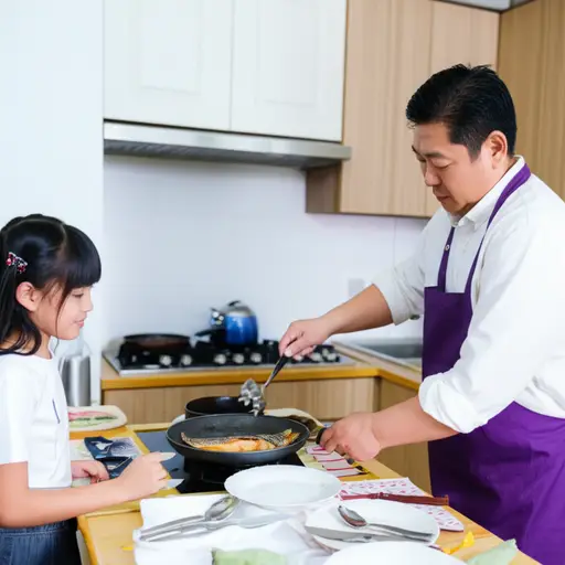 我爸爸在煎鱼，而我则在摆餐具。