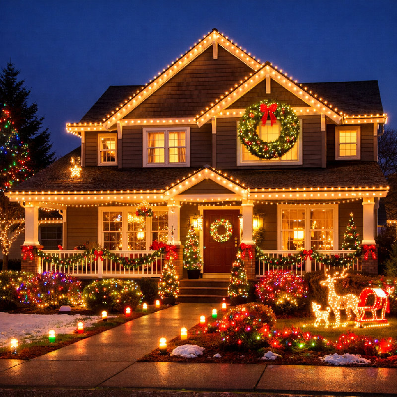 我们在房子周围挂满了圣诞彩灯。