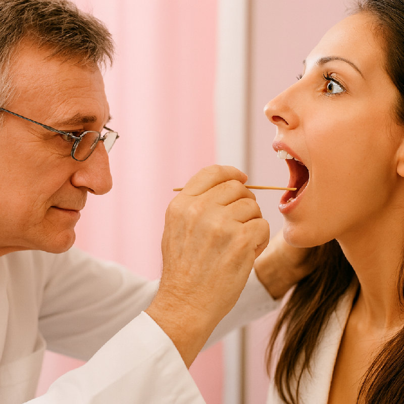 医生检查了舌苔以评估她的消化健康。