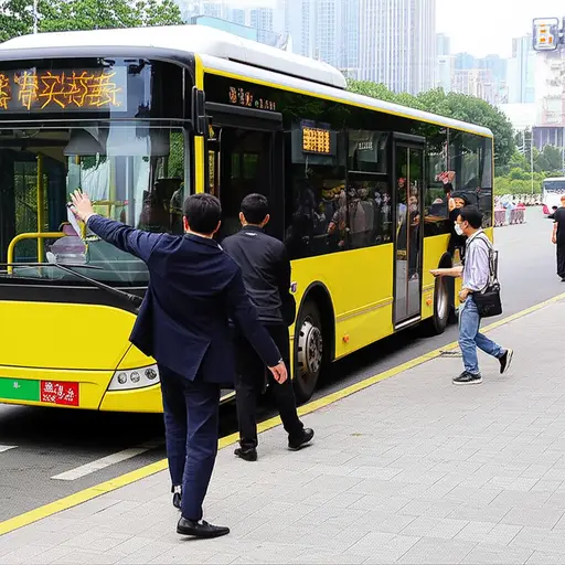 公共汽车来了，快跟上，别落在后面！
