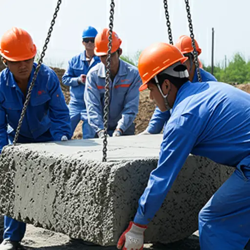 工人们移动了一块200公斤的混凝土块。