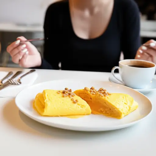 她早餐吃了一个夹着火腿和奶酪的煎蛋卷。