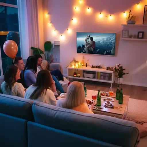 在派对上，我们在电视上看电影。