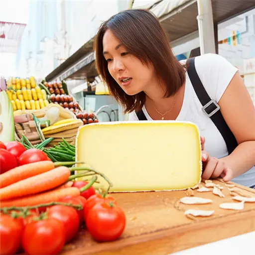 她在农贸市场买了一大块自制奶酪。