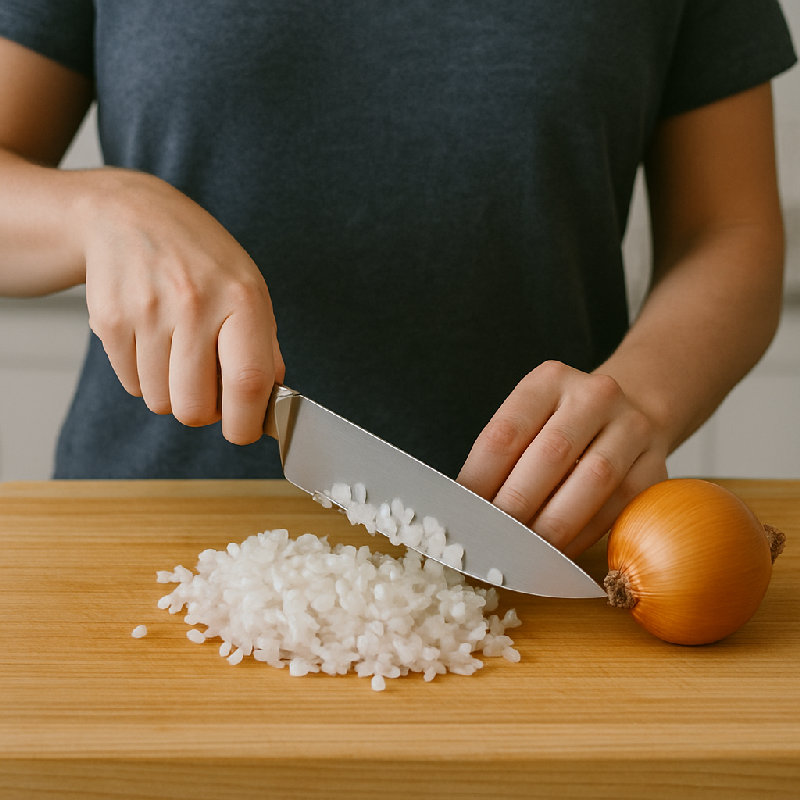 请把洋葱切得细碎。