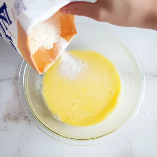 首先混合鸡蛋和牛奶，然后逐渐加入面粉。