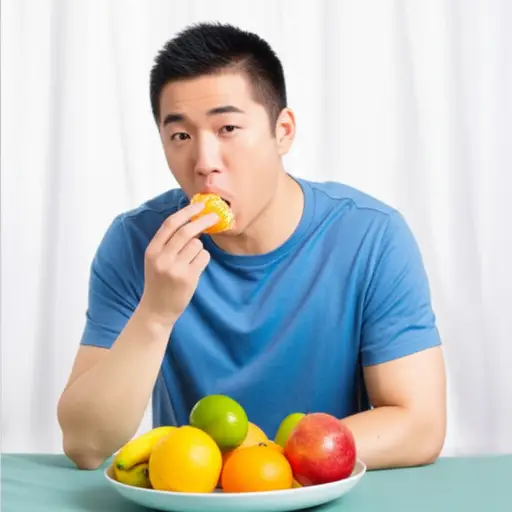 他正在吃一个橙子。